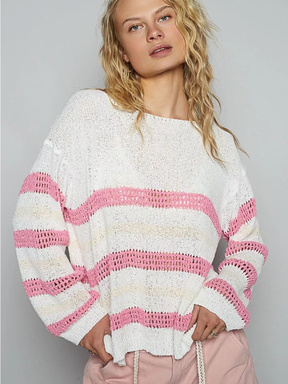 POL Striped Openwork Round Neck Knit Top